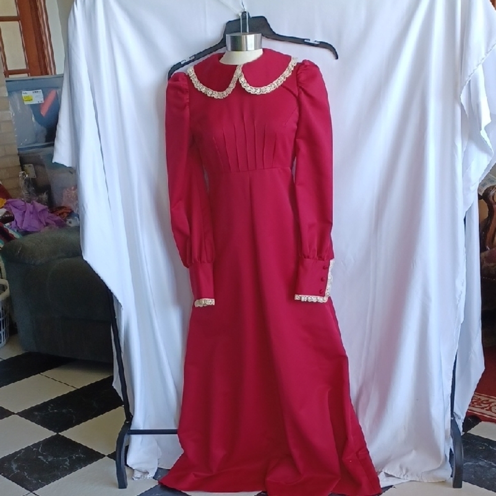 Hand Crafted Red Long Sleeve Dress with Lace Trim, 16" PTP, 26" Waist, 54" L